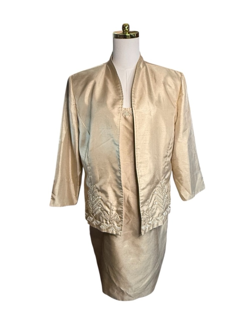 Positive Attitude Cream Gold Jacket and Dress Set Beaded Embroidered Sz 14